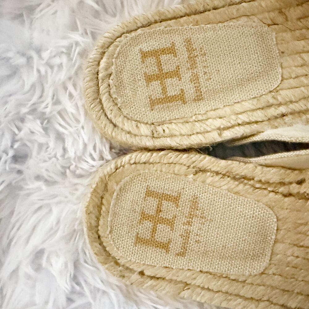 HAUTE HIPPIE | Beige Cream Linen Jute Sandals Gold Buckles Slide On | Size 7.5 - Picture 3 of 7